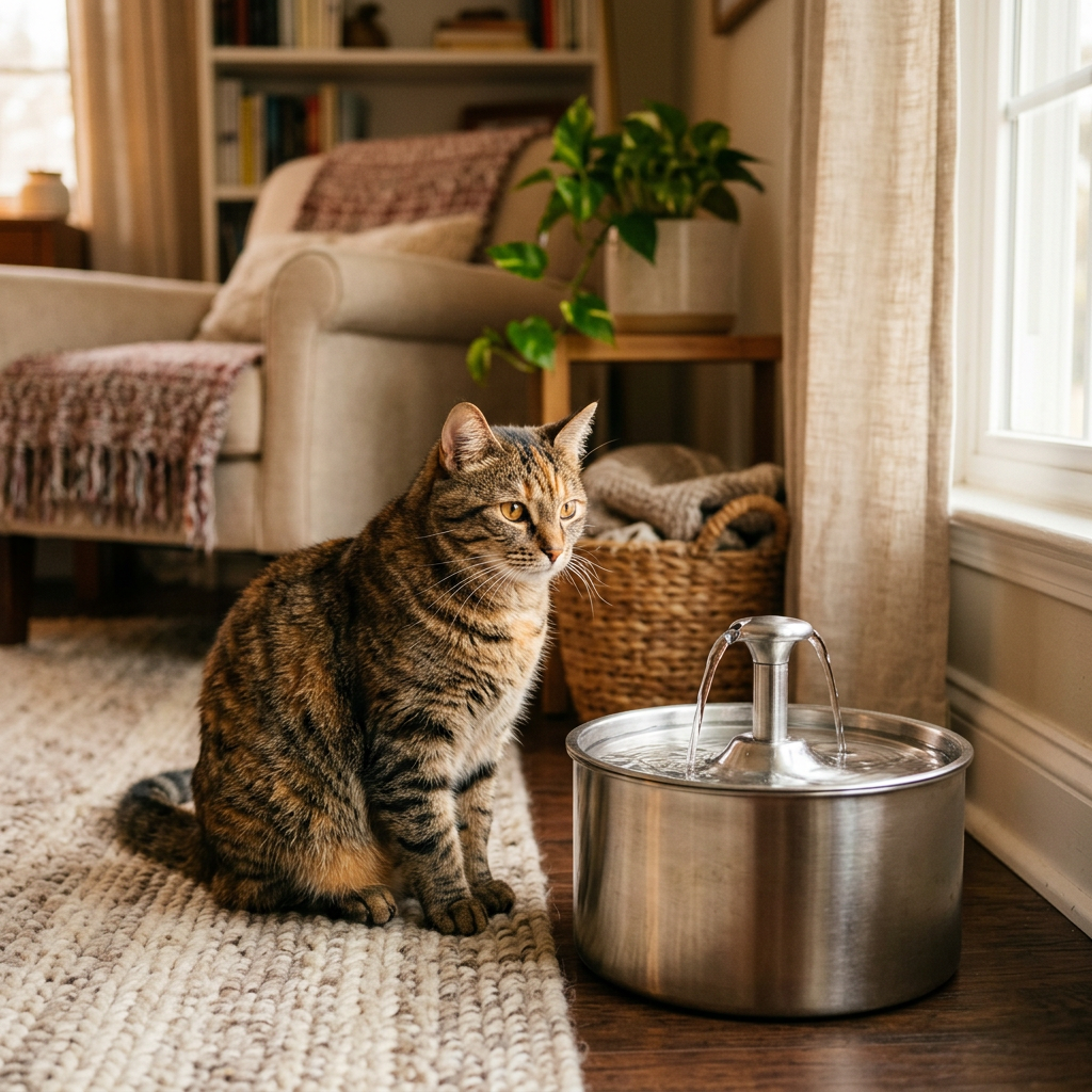 Chat près de la Fontaine L'Onde Féline